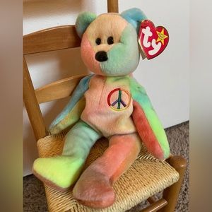 1996 Vintage Ty "Peace" Bear Beanie Babies pastel tie dye, Retired, Tag Errors
